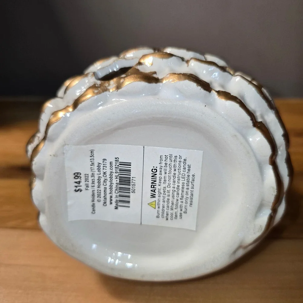 Hobby Lobby White Ceramic Owl Candle Holder Gold Accents Fall 2022 HL9182185